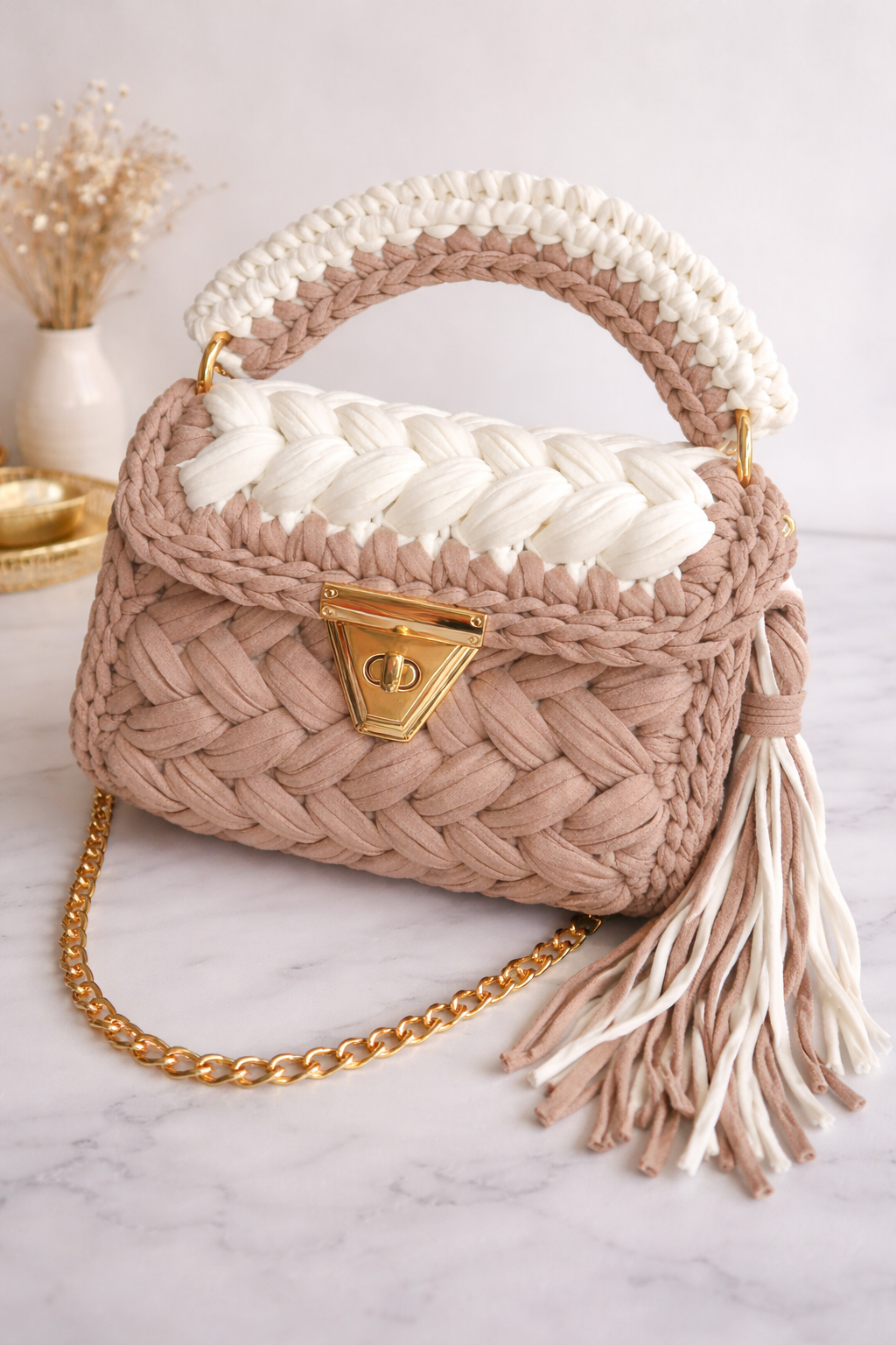 TShirt Yarn Crochet Handmade bag - Brown White