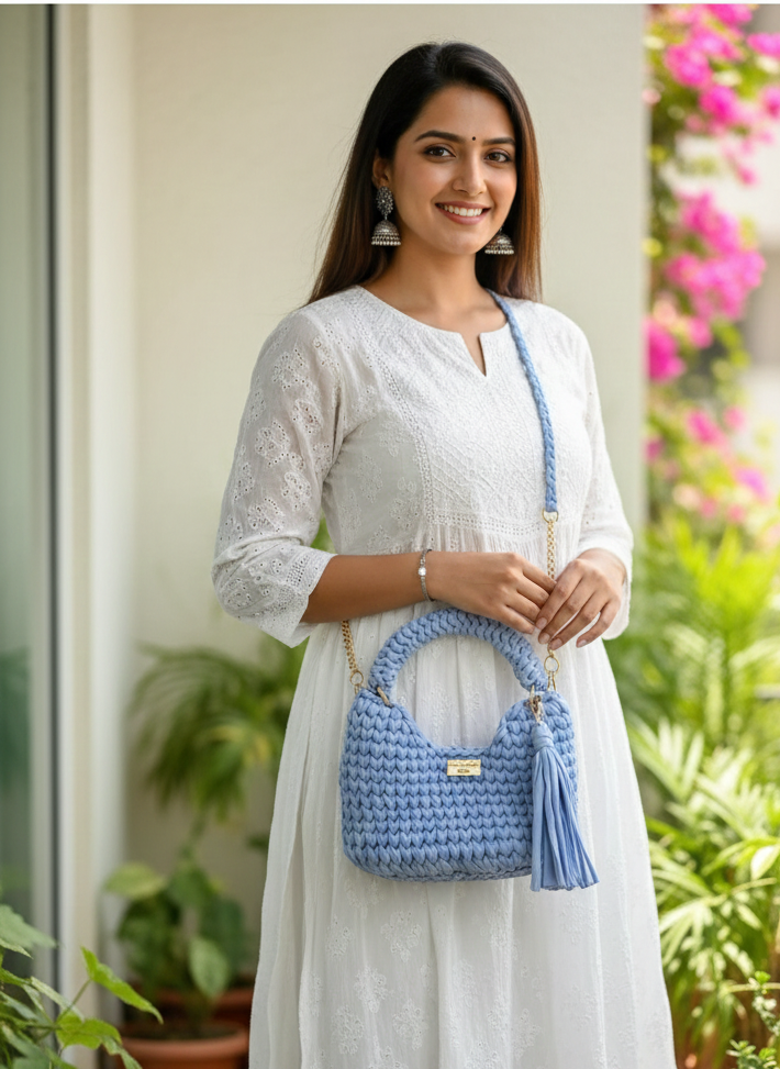 The Sky-Blue Bloom: Artisanal Crochet Hobo