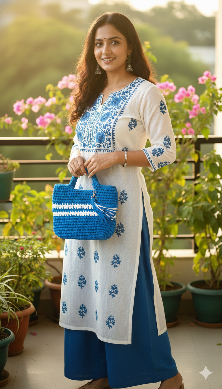 The Indigo Horizon: Hand-Knitted Artisanal Tote